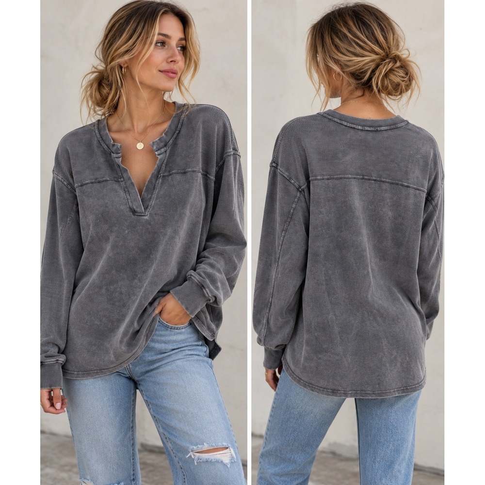 Jane + Delancey Womens 2X Gray Mineral Wash Split Neck Waffle Knit Sweatshirt